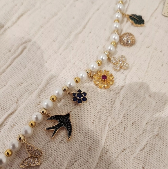 Charm Cz Brass Charm Pearl Bracelet NEW - Picture 3 of 3